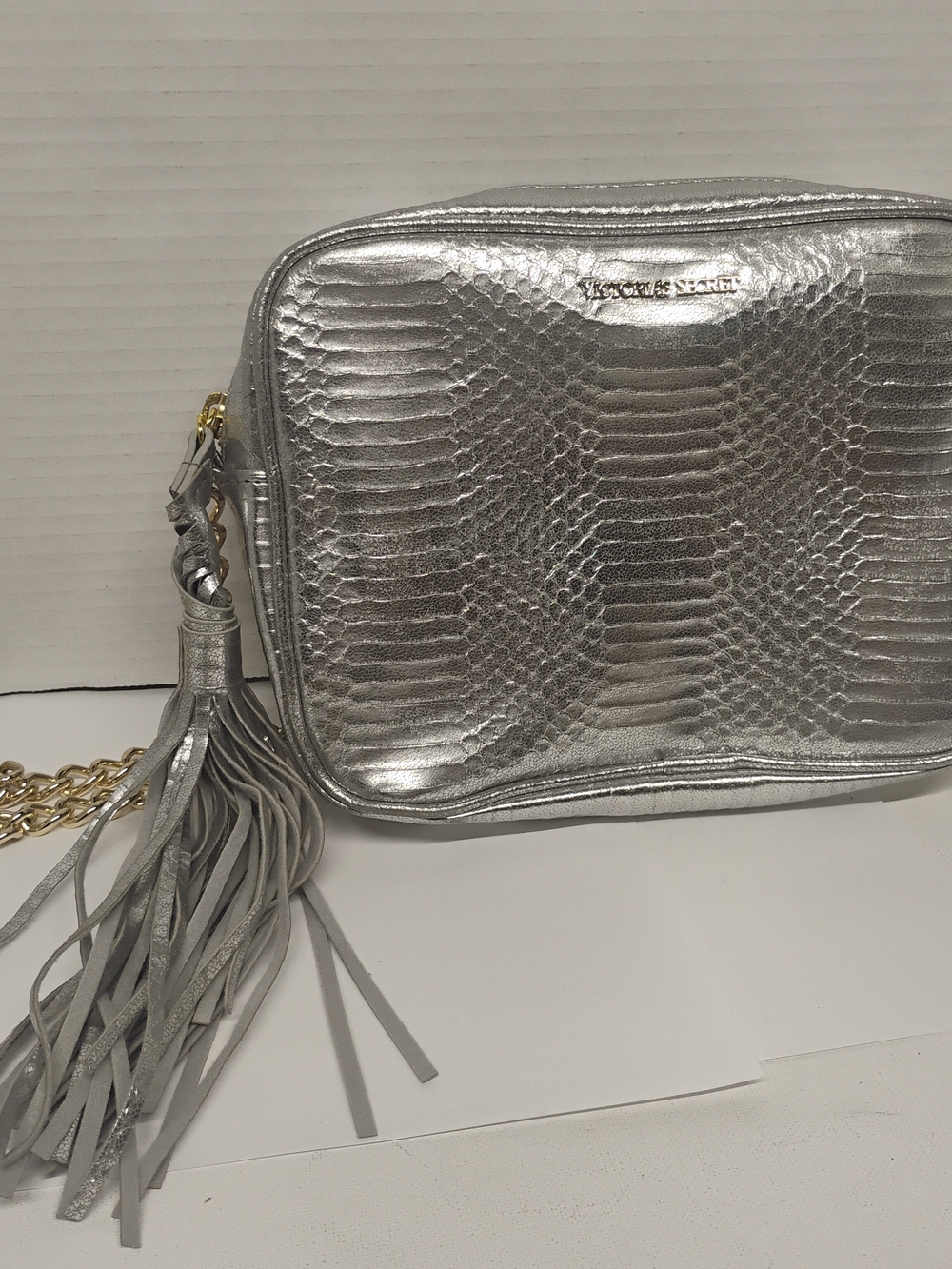 Victoria's Secret Metallic Silver Snake-Embossed Crossbody with Tassel